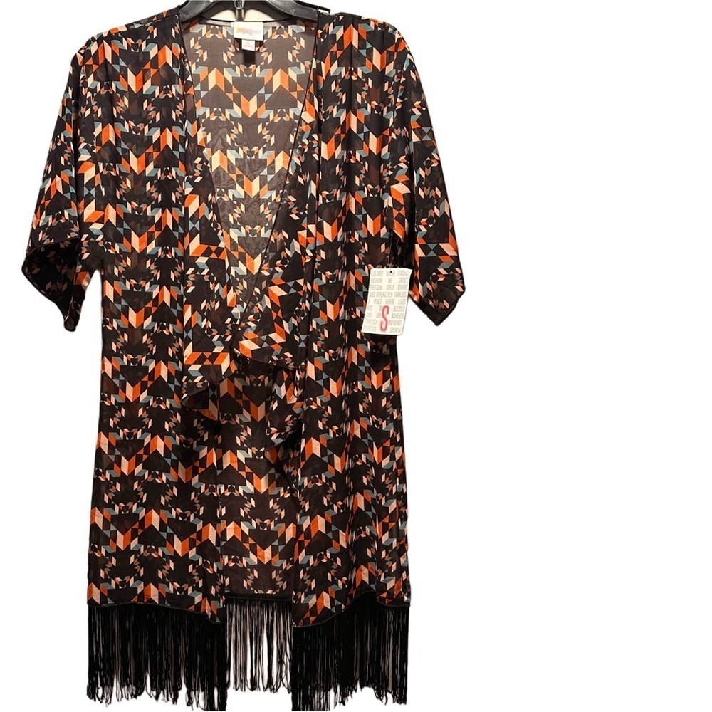 LulaRoe Monroe OpenFront Black Fringe Chiffon Sheer Coat Duster Bohemian Batwing - Picture 3 of 16